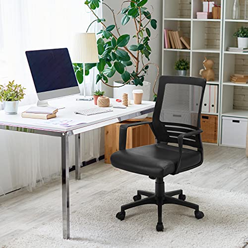 Yaheetech Ergonomic Office Chair Leather Seat and Mesh Back Combine Computer Chair Executive Chair Mid-Back Rolling Swivel Chair w/Lumbar Support and Armrests Adjustable Height for Office，Black