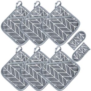win change heat resistant potholders hot pads-6 kitchen pot holders set with 2 pan hot handle holders trivet for cooking and baking,with recycled infill terrycloth lining(grey,8 piece)