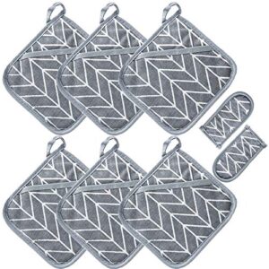 Win Change Heat Resistant Potholders Hot Pads-6 Kitchen Pot Holders Set with 2 Pan Hot Handle Holders Trivet for Cooking and Baking,with Recycled Infill Terrycloth Lining(Grey,8 Piece)