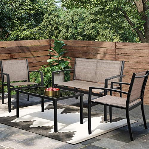 Greesum 4 Pieces Patio Furniture Set, Outdoor Conversation Sets for Patio, Lawn, Garden, Poolside with A Glass Coffee Table, Brown