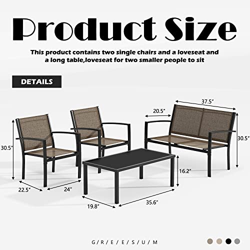 Greesum 4 Pieces Patio Furniture Set, Outdoor Conversation Sets for Patio, Lawn, Garden, Poolside with A Glass Coffee Table, Brown
