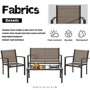 Greesum 4 Pieces Patio Furniture Set, Outdoor Conversation Sets for Patio, Lawn, Garden, Poolside with A Glass Coffee Table, Brown