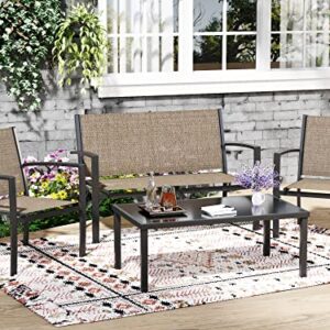 Greesum 4 Pieces Patio Furniture Set, Outdoor Conversation Sets for Patio, Lawn, Garden, Poolside with A Glass Coffee Table, Brown