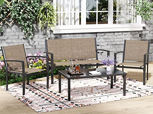 Greesum 4 Pieces Patio Furniture Set, Outdoor Conversation Sets for Patio, Lawn, Garden, Poolside with A Glass Coffee Table, Brown