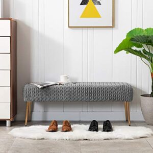duhome modern quilt velvet ottoman bench, upholstered entryway bench for livingroom bedroom benches for end of bed with gold legs, padded soft dining kitchen bench vanity benches,grey
