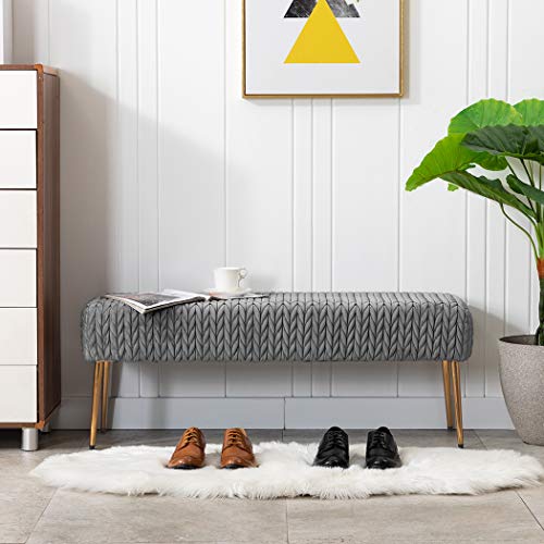 Duhome Modern Quilt Velvet Ottoman Bench, Upholstered Entryway Bench for livingroom Bedroom Benches for End of Bed with Gold Legs, Padded Soft Dining Kitchen Bench Vanity Benches,Grey