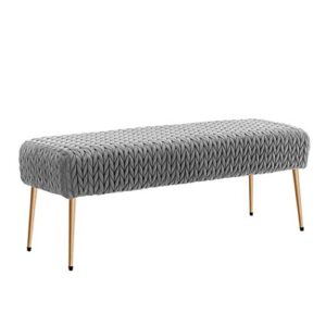 Duhome Modern Quilt Velvet Ottoman Bench, Upholstered Entryway Bench for livingroom Bedroom Benches for End of Bed with Gold Legs, Padded Soft Dining Kitchen Bench Vanity Benches,Grey