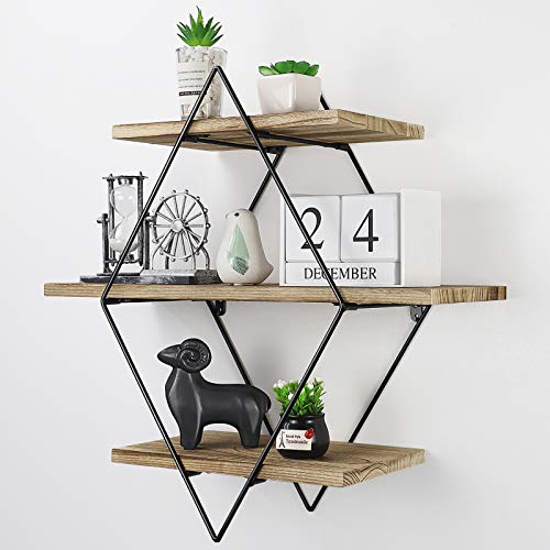 Befayoo Floating Shelves for Wall, Rustic Wood Geometric Style Decor Shelf for Bathroom Bedroom Living Room Kitchen Office (Diamond, Natural)