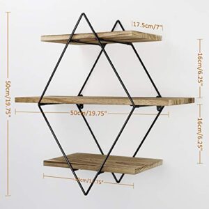 Befayoo Floating Shelves for Wall, Rustic Wood Geometric Style Decor Shelf for Bathroom Bedroom Living Room Kitchen Office (Diamond, Natural)