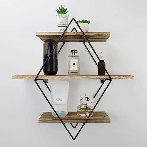 Befayoo Floating Shelves for Wall, Rustic Wood Geometric Style Decor Shelf for Bathroom Bedroom Living Room Kitchen Office (Diamond, Natural)