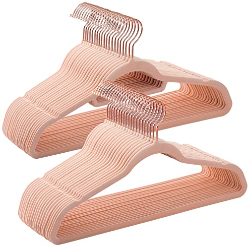 SONGMICS Bundle of 50 Velvet Hangers 17.7 Inches Wide and 50 Velvet Hangers 16.5 Inches Wide, Thin and Durable, Rose Gold Swivel Hook, Light Pink UCRF21PK50 and UCRF026P02