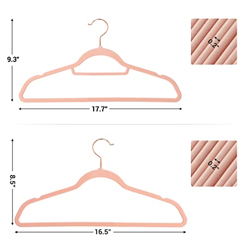 SONGMICS Bundle of 50 Velvet Hangers 17.7 Inches Wide and 50 Velvet Hangers 16.5 Inches Wide, Thin and Durable, Rose Gold Swivel Hook, Light Pink UCRF21PK50 and UCRF026P02