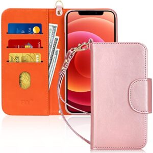 fyy compatible with iphone 12 case/iphone 12 pro case, [kickstand feature] luxury pu leather wallet case flip folio cover with [card slots] and [note pockets] for iphone 12/12 pro 5g 6.1" rose gold