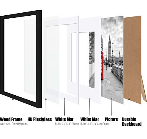 12x16 Picture Frames Made of Solid Wood Display Pictures 11x14 or 8.5x11 Diplomas with Mat or 12x16 Frame without Mat - Picture Frame for 11x14 Black With 2 Mats for Wall Mounting or Table Top Display