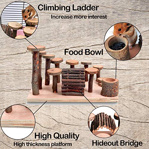 Hamster Playground Wooden, Small Animal Activity Toys Set – Climbing Ladder Bendy Bridge Food Bowl Stand Platform Chew Toy for Syrian Hamster Mouse Gerbil Chinchilla Rat