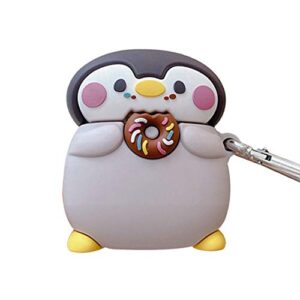 ur sunshine airpods 1/2 case, cute standing grey penguin holding donut in hand shape airpods cover case, soft silicone gel kawaii puppy charging earphone case for airpods 1/2 +hook