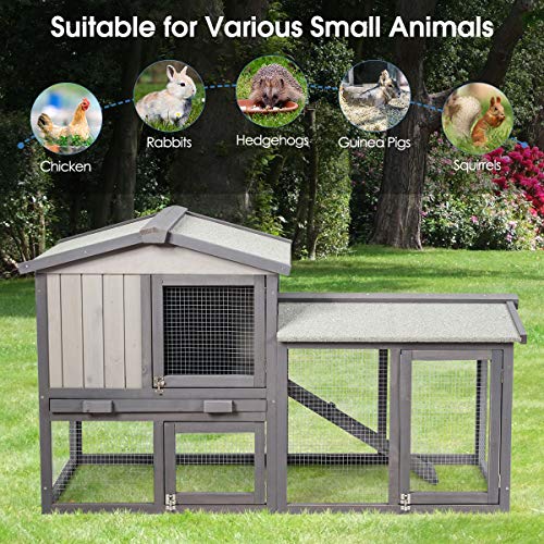 Tangkula Rabbit Hutch Indoor and Outdoor, 58-Inch Bunny Cage with Removable Tray & Ramp, Wood Chicken Coop with Waterproof Roof for Rabbits, Chicken and Guinea Pigs (Gray)