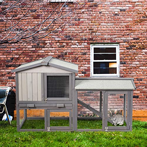 Tangkula Rabbit Hutch Indoor and Outdoor, 58-Inch Bunny Cage with Removable Tray & Ramp, Wood Chicken Coop with Waterproof Roof for Rabbits, Chicken and Guinea Pigs (Gray)