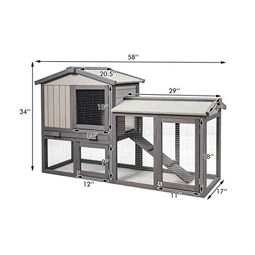 Tangkula Rabbit Hutch Indoor and Outdoor, 58-Inch Bunny Cage with Removable Tray & Ramp, Wood Chicken Coop with Waterproof Roof for Rabbits, Chicken and Guinea Pigs (Gray)