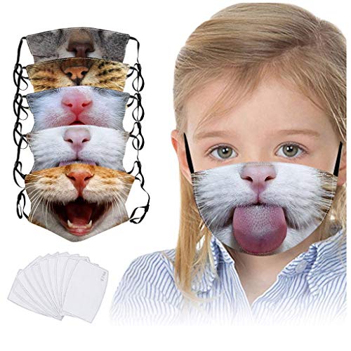 5 Pack Reusable Cotton Coverings Kids Cute Cat Print Face_Mask Washable Mouth Cloth Anti-Dust Bandana for Children