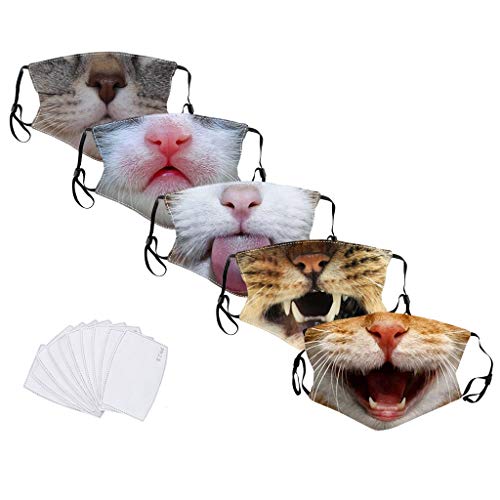 5 Pack Reusable Cotton Coverings Kids Cute Cat Print Face_Mask Washable Mouth Cloth Anti-Dust Bandana for Children