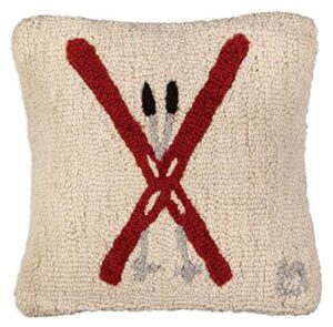 chandler 4 corners artist-designed crossed skis hand-hooked wool decorative christmas throw pillow (14” x 14”)