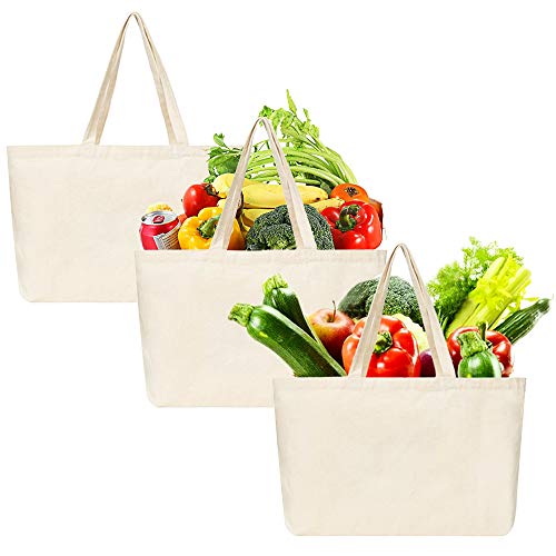 3PCS 12oz Canvas Grocery Shopping Bags 17.7 X 13.4 X 6.3 Inches Reusable Blank Cotton Canvas Totes Washable Foldable Eco-friendly Craft Canvas Bag White