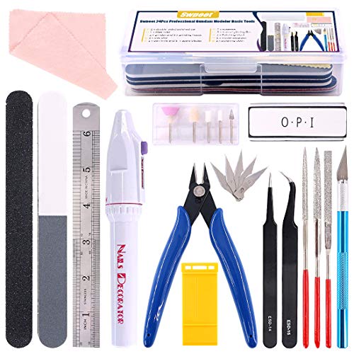 Swpeet 24Pcs Compatible for Gundam Modeler Basic Tools with Duty Plastic Container, Professional Kit Replacement for Gundam Model Tools Kit Building Beginner Hobby Model Assemble Building