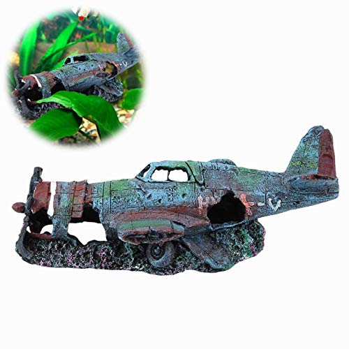 Airplane Wreck Aquarium Ornament, Aquarium Decoration Artificial Damaged Plane Fish Tank Landscape Decoration Decor