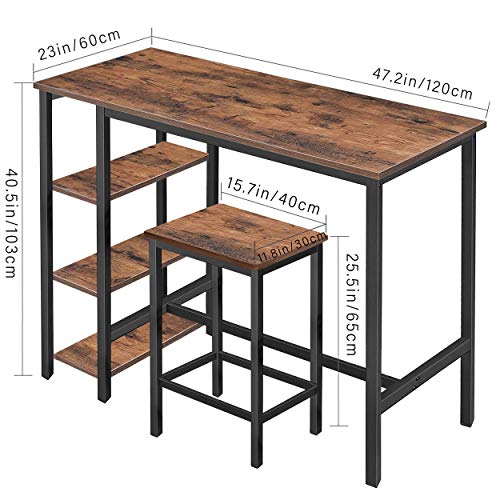 MUPATER High Industrial Bar Dining Table Set with Storage Shelves, Tall Counter Height Bar Table with Two Bar Stools and Foot Pads for Home, Kitchen and Living Room, Rustic Brown