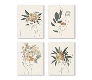 vouoron modern minimalist fashion pop women prints flower wall art painting set of 4 (8”x10” canvas picture) pretty girl locker room queen of woman art poster for spa bathroom home decor frameless