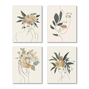 VOUORON Modern Minimalist Fashion Pop Women Prints Flower Wall Art Painting Set of 4 (8”X10” Canvas Picture) Pretty Girl Locker Room Queen of Woman Art Poster for Spa Bathroom Home Decor Frameless