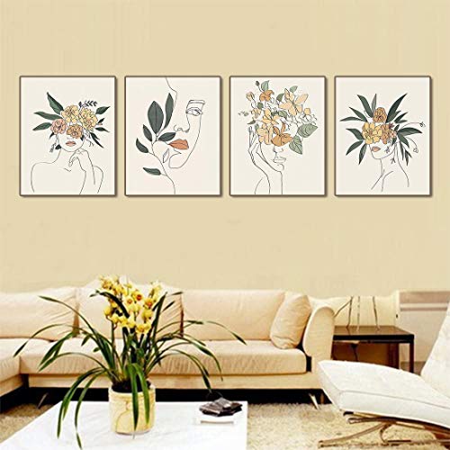 VOUORON Modern Minimalist Fashion Pop Women Prints Flower Wall Art Painting Set of 4 (8”X10” Canvas Picture) Pretty Girl Locker Room Queen of Woman Art Poster for Spa Bathroom Home Decor Frameless