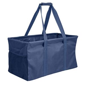 lucazzi extra large utility tote bag - oversized collapsible reusable wire frame rectangular canvas basket with two exterior pockets for beach, pool, laundry, car trunk, storage - navy blue
