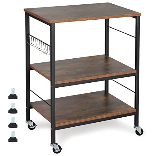 Nightstands, Industrial Microwave Oven Stand Kitchen Baker's Rack End Table 3 Tier Storage Shelf with 10 Hooks for Living Room, Kitchen, Bathroom, Cafe(Rustic Brown)