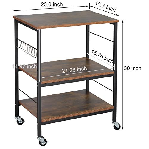 Nightstands, Industrial Microwave Oven Stand Kitchen Baker's Rack End Table 3 Tier Storage Shelf with 10 Hooks for Living Room, Kitchen, Bathroom, Cafe(Rustic Brown)