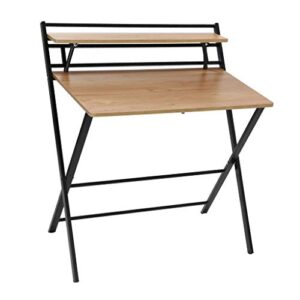 Peacur Foldable Writing Computer Desk with Storage Organizer Shelf, Small Lazy Modern Laptop Table, 3 Steps Quickily Assembly Folding Desk for Home Office Use (Khaki)