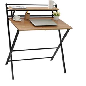 Peacur Foldable Writing Computer Desk with Storage Organizer Shelf, Small Lazy Modern Laptop Table, 3 Steps Quickily Assembly Folding Desk for Home Office Use (Khaki)