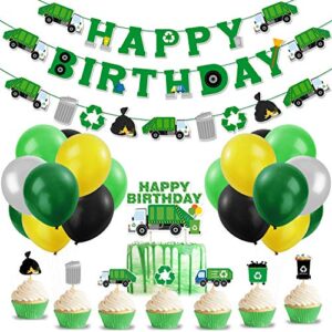 Garbage Truck Birthday Party Supplies Trash Truck Banner Garland Cake Topper Cupcake Toppers Latex Balloons for Boy’s Birthday Waste Management Recycling Party Decor