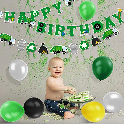 Garbage Truck Birthday Party Supplies Trash Truck Banner Garland Cake Topper Cupcake Toppers Latex Balloons for Boy’s Birthday Waste Management Recycling Party Decor