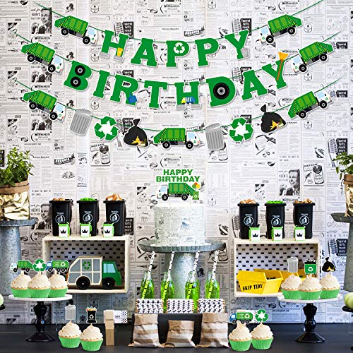 Garbage Truck Birthday Party Supplies Trash Truck Banner Garland Cake Topper Cupcake Toppers Latex Balloons for Boy’s Birthday Waste Management Recycling Party Decor