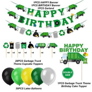 Garbage Truck Birthday Party Supplies Trash Truck Banner Garland Cake Topper Cupcake Toppers Latex Balloons for Boy’s Birthday Waste Management Recycling Party Decor