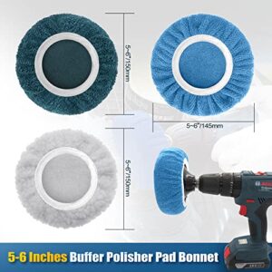 POLIWELL 12Pack Polishing Bonnet Pads 5-6 Inch Buffer Pad Cover- 8pcs Microfiber Buffing Bonnets, 2pcs Woollen Waxing Pads, 2pcs Soft Coral Fleece Pads for Car Polisher