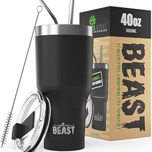 Beast 40 oz Tumbler Stainless Steel Vacuum Insulated Coffee Ice Cup Double Wall Travel Flask (Matte Black)