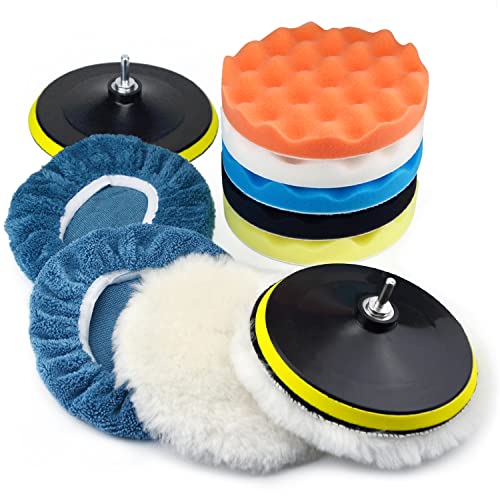 7 Inch Polishing Pads Kit Car Foam Sponge Pads Wool Bonnet Pads with 5/8-11 Thread Backing Pads & 8mm Adapters for Polisher & Electric Drill Auto Body Repair Pad for Waxing Buffing Sealing Glaze,13PCS