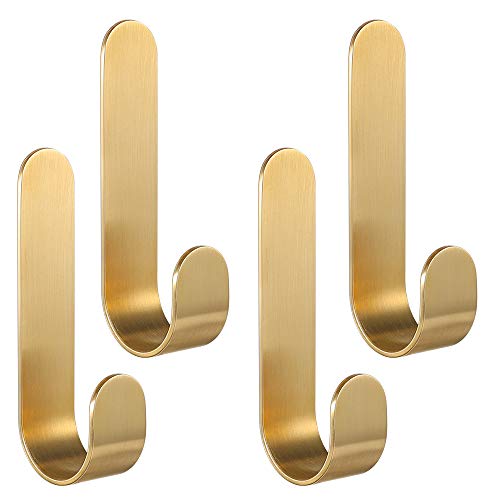 Picowe 4 Pack Brass Hooks, L-Shaped Towel Robe Hook on Wall Door, Self-Adhesive Holders for Hanging Coat Hat for Kitchen Bathroom Bedroom, for Door Wall Decoration, 0.8 x 3.7inch