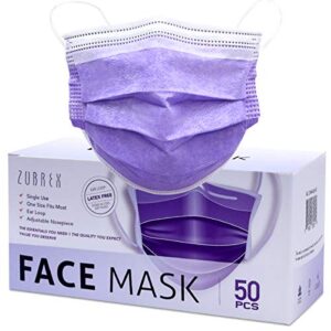 zubrex 50 pcs disposable 3 ply safety face mask for protection with nanofiber filter lining - and elastic earloops (purple)