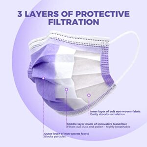 ZUBREX 50 Pcs Disposable 3 Ply Safety Face Mask for Protection with Nanofiber Filter Lining - and Elastic Earloops (Purple)