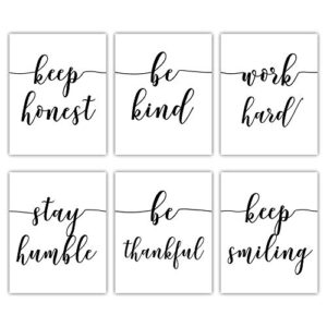 homievar inspirational wall art - 6 pcs motivational quotes and sayings art prints for office, bedroom, and home decor - work hard, be kind, stay humble, keep smiling, keep honest - no frame