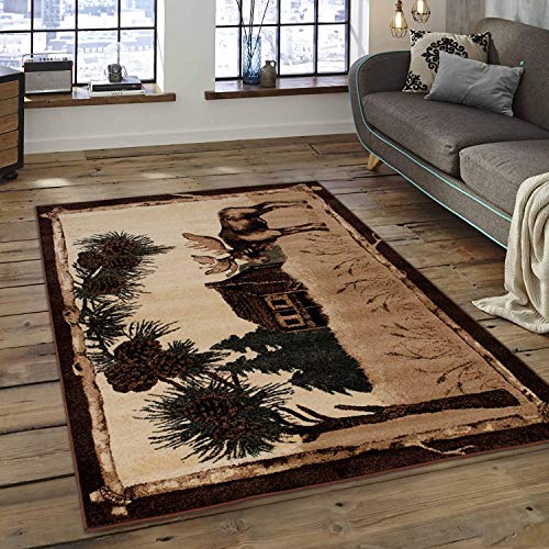 CR Rustic Lodge Log Cabin Deer Elk Moose Area Rug Carpet (5’ 3” X 7’ 5”)